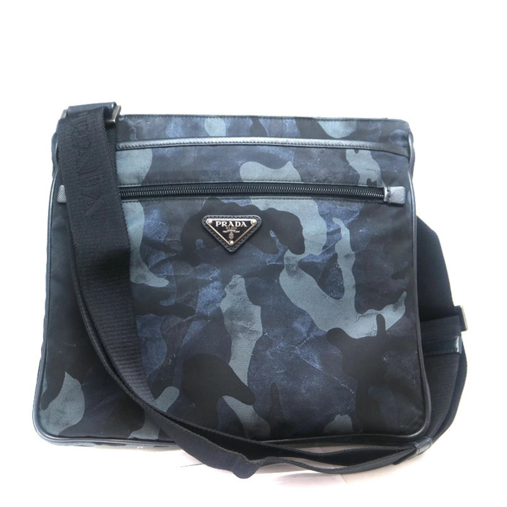 Prada Blue Black Shoulder Canvas Bag Leather Camouflage